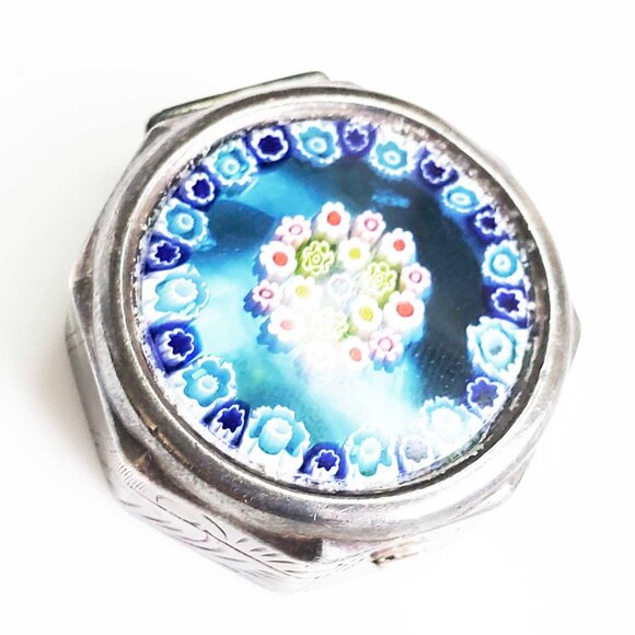 Vintage Italian Sterling Silver 925 Murano Millefiori Mini Blue Pill Box - Picture 8 of 9